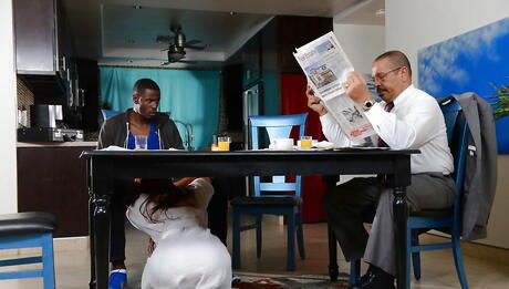 Facinating american cougar Janet Mason in stockings in hot interracial 3some 